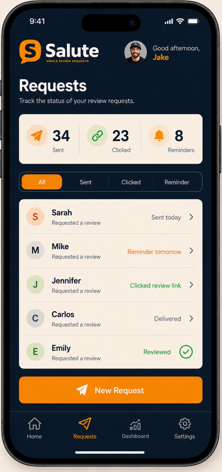 Salute requests screen listing customers with statuses: sent, reminder scheduled, clicked, delivered, and reviewed