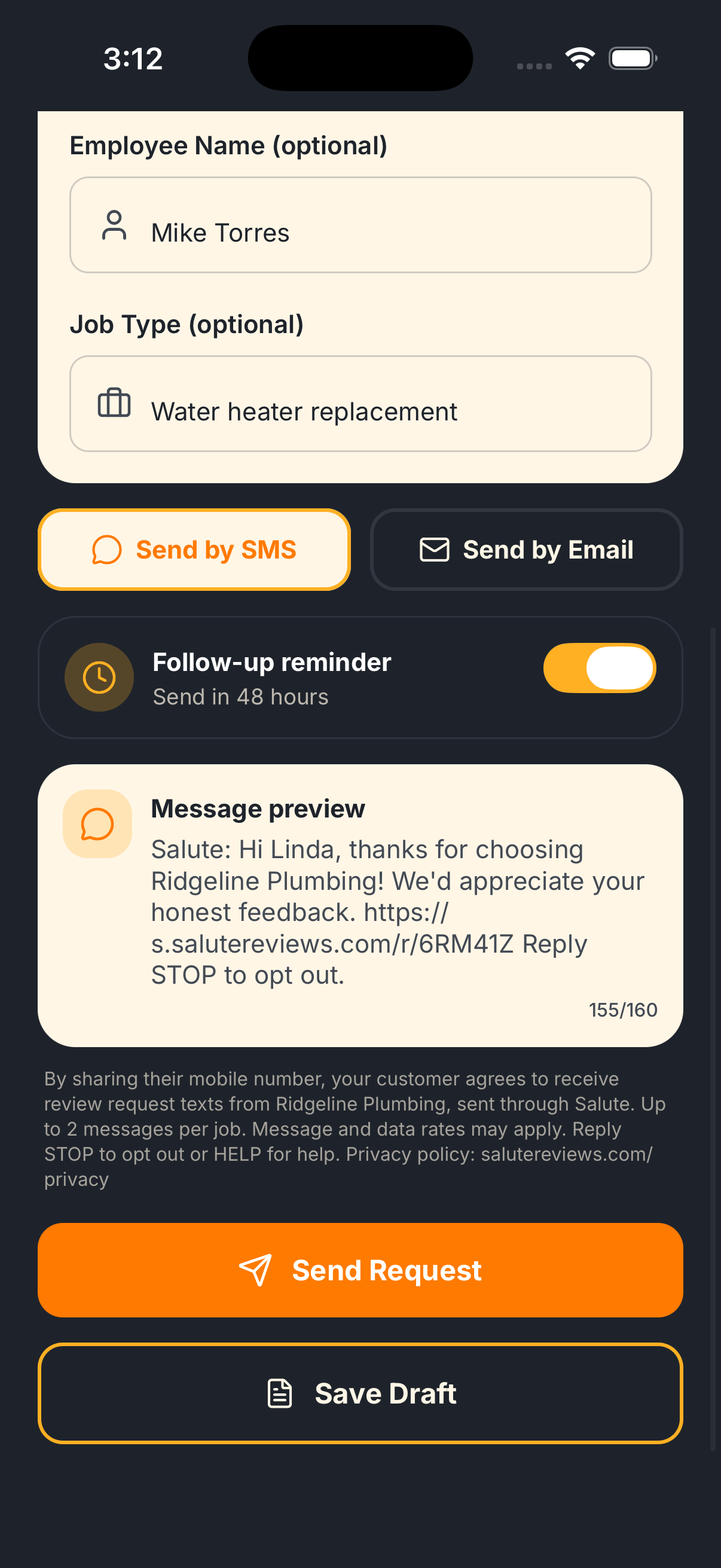 Salute app New Request screen showing the SMS consent disclosure